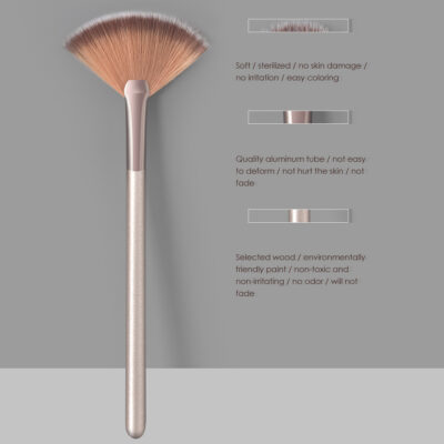 Single Champagne Straight Wooden Handle Fan-Shaped Contouring Makeup Brush