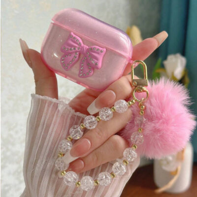 AirPods Protective Case-Pink Bow Shell + Fur Ball Beaded Bracelet