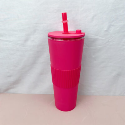 24oz 710ml Double-layer Plastic Milk Tea Cup-Barbie Red
