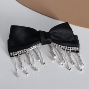 Rhinestone Tassel Satin Bow Clip-Black