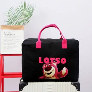 Printed Travel Bag-Rose red + black strawberry bear