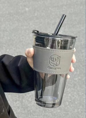 350-450ml Glass Water Cup With Straw-Smoke Grey