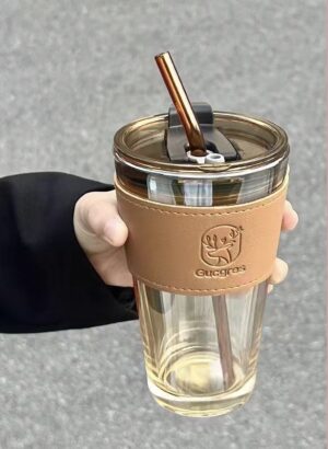 350-450ml Glass Water Cup With Straw-Amber