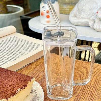 250ml Glass Water Cup-Transparent+lid+straw