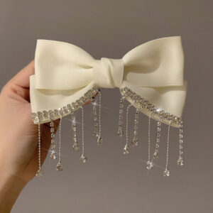 Rhinestone Tassel Satin Bow Clip-Off-white