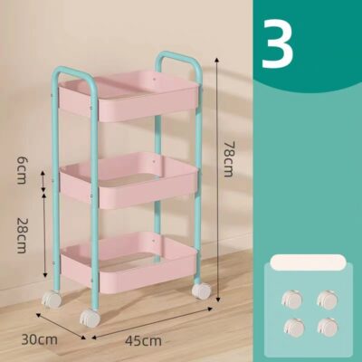 Floor-standing Kitchen Storage Rack-Three-layer upgraded pink basket + blue rod