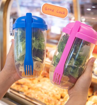 Salad Cup With Fork And Lid-Pink