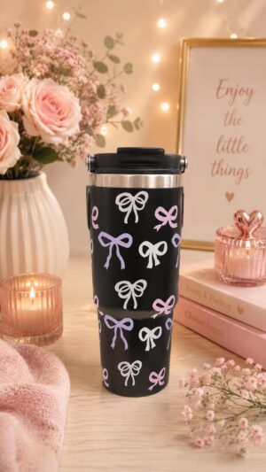 30oz Stainless Steel Tumbler- black bow