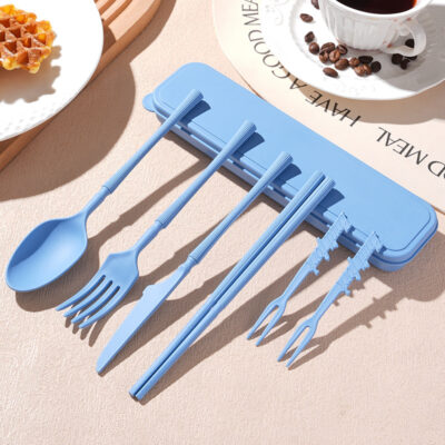 Wheat Straw Cutlery Set-7-piece set in a slim waist style (blue)